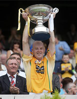 Antrim Hurling Captain Karl McKeegan receives the Christy Ring Cup in Croke Park